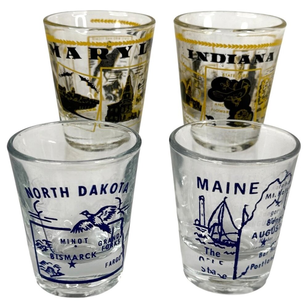 Set Of 4 Vintage Shot Glasses State Theme Maryland Indiana North Dakota And Main